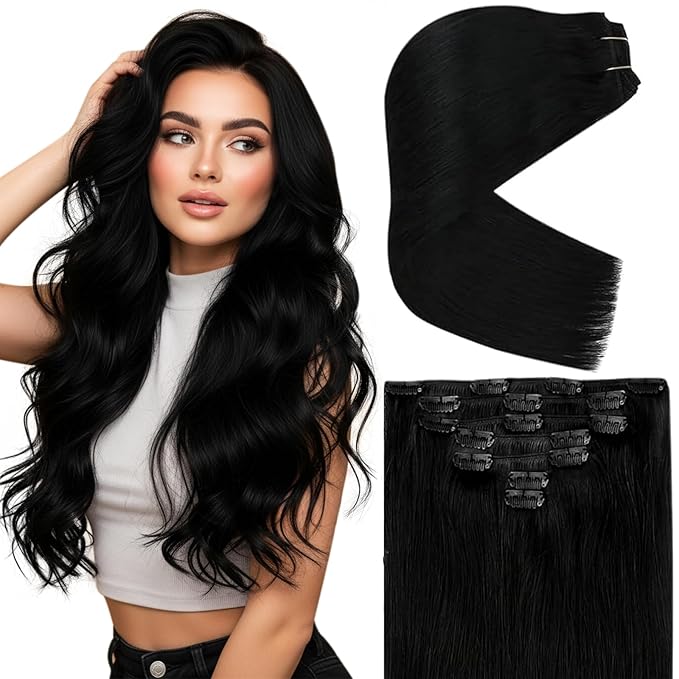 Ve Sunny Human Hair Clip in Extensions, Clip in Extensions Real Human Hair, Black Clip in Hair Extensions Straight Hair Extensions for Thin Hair 16inch 120g 7pcs