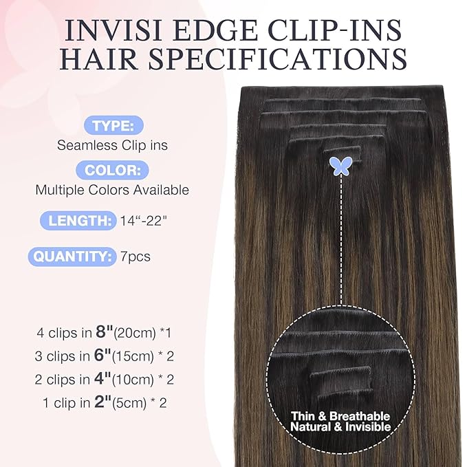 DOORES Hair Extensions Real Human Clip in 20 inch 120g 7pcs Invisi Edge, Seamless Clip in Hair Extensions Invisible Clipins Virgin Injected Skin Weft, 2/6/2 Dark Brown to Chestnut Brown