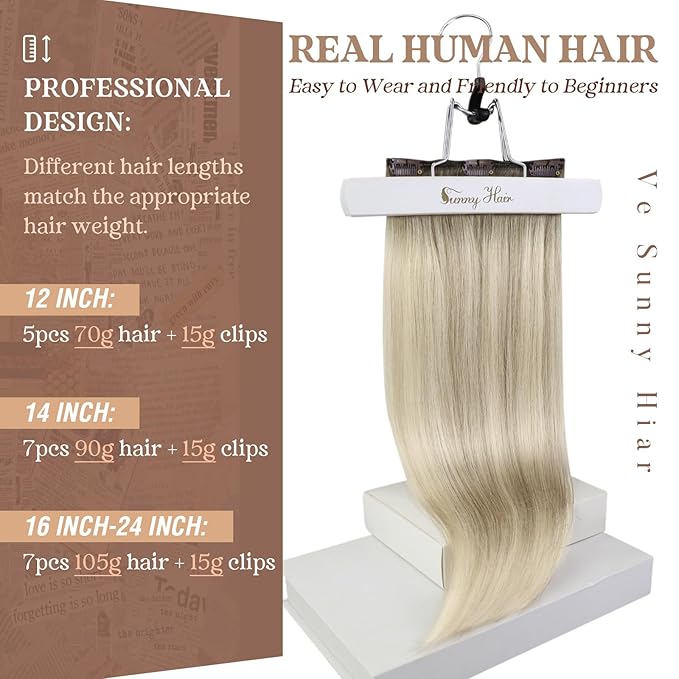 Ve Sunny Hair Extensions Clip in Real Human Hair Ombre Ash Grey Balayage Platinum Blonde Double Weft Remy Straight Human Hair Extensions Clip ins for Women 7pcs 120g 22 inch