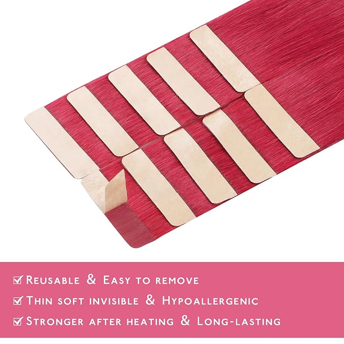 WENNALIFE Tape in Hair Extensions Human Hair Red Tape in Extensions, 10pcs 25g 16 inch Remy Invisible Tape Ins Straight Colored Soft Real Human Hair Tape in Extensions Refill Set Extensions