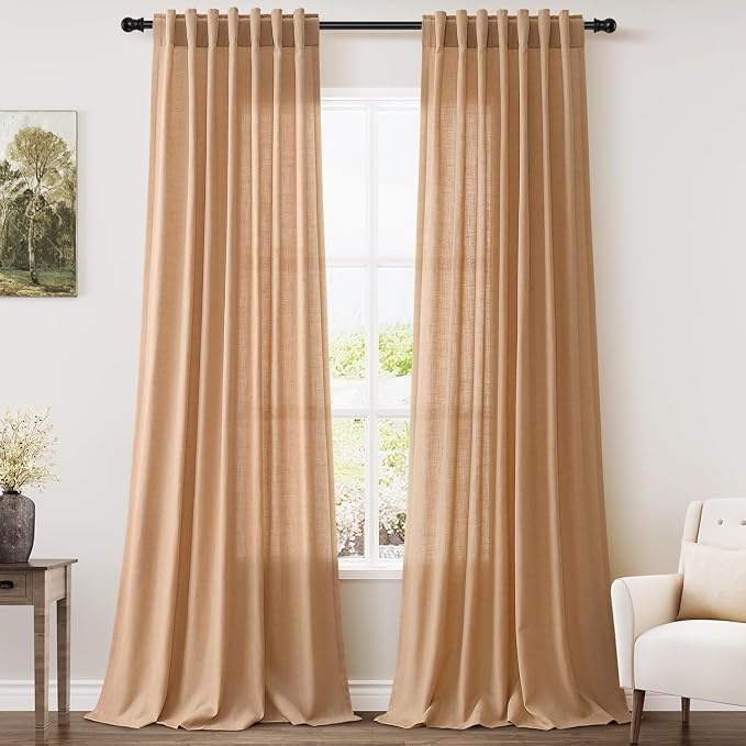 Camel Linen Curtains for Living Room 105 Inches Long Back Tab and Rod Pocket by Nanspring