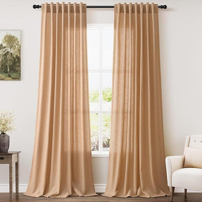 Camel Linen Curtains for Living Room 105 Inches Long Back Tab and Rod Pocket by Nanspring