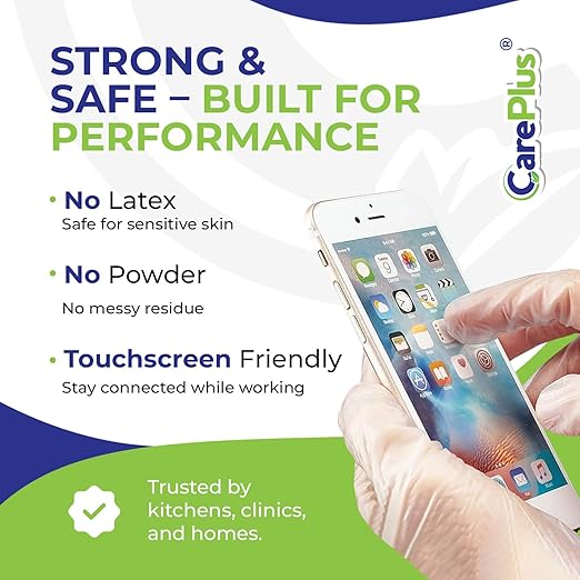 CARE PLUS Latex-Free Vinyl Gloves Clear Medium Size 100 Count | Heavy Duty, Non-Sterile, Powder-Free, Rubber | Food Prep, Kitchen & Cleaning Gloves, Ideal for Professional Use