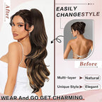 Ponytail Extension, Drawstring Ponytail Extension for Women 26 Inch Long Wavy Highlight Pony Tails Hair Extensions Synthetic Clip in Ponytail Hairpiece for Women Brown with Blonde Highlights