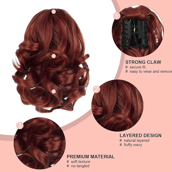 Ponytail Extension, Clip on Ponytails for Women, 9" Claw Clip in Short Curly Wavy Pony Hair Extension for Women - Red