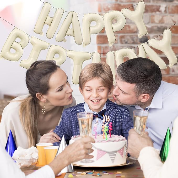 16" Cream Happy Birthday Balloon Banner Foil, Ivory White | white happy - Image 4