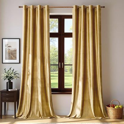 BULBUL Velvet Gold Grommet Blackout Curtains 84 inch Length by ModernShinyVelvetCurtains