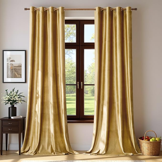 BULBUL Velvet Gold Curtains 108 inch Length- Living Room Blackout Thermal by ModernShinyVelvetCurtains