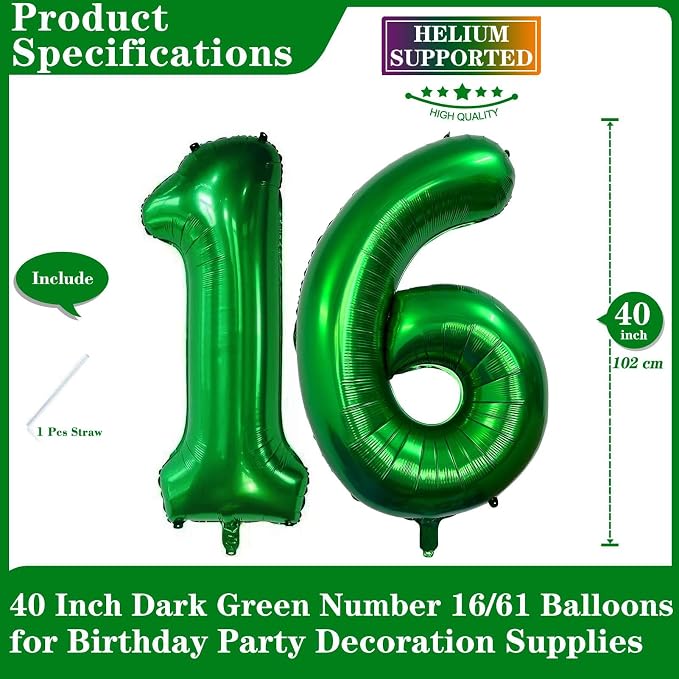 Dark Green 16 Number Balloons, 40 Inch Giant Number 16 Balloons Foil Mylar - Image 2
