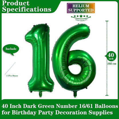 Dark Green 16 Number Balloons, 40 Inch Giant Number 16 Balloons Foil Mylar - Image 2