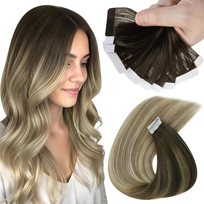 Sunny Tape in Hair Extensions Human Hair Dark Brown Balayage Blonde Hair Extensions Real Human Hair Tape ins 20 Inch Tape in Extensions 20Pcs 50g