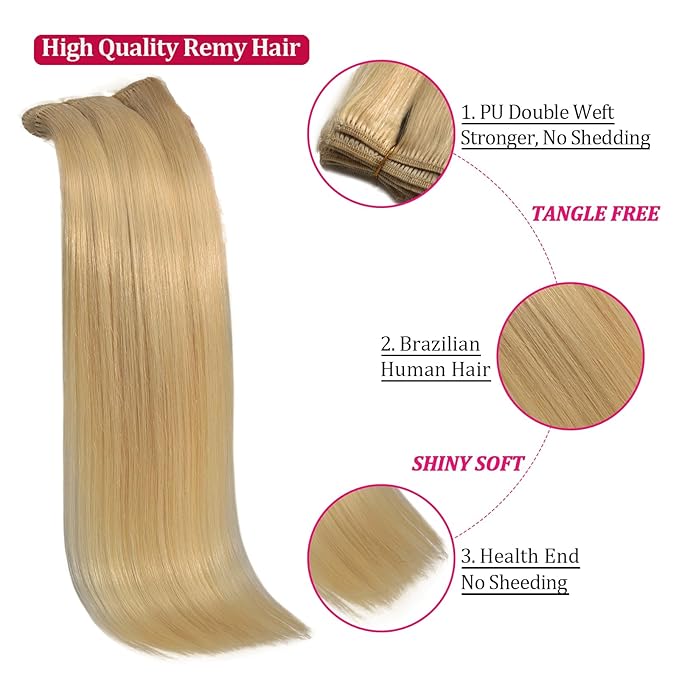 Kinky Straight Human Hair Clip in Extensions Blonde Double Weft 8pcs 125g Straight Hair Extensions 24inch Clip in Hair Extensions for Women Real Human Hair