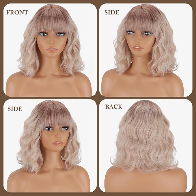 MISSQUEEN Short Ombre Platinum Blonde Wig with Bangs12 Inches Short Wavy Curly Wigs for Women Natural Looking Synthetic Heat Resistant Fiber Wig for Daily Cosplay Halloween Party Use
