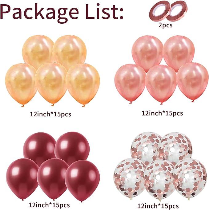 Balloons Burgundy Rose Gold, 60 Packs 12 Inches Wine Red Champagne Latex - Image 2