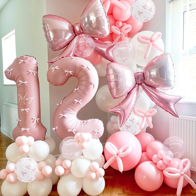 Pink Bow Balloons 12 Inch Pastel Light Baby Pink White Coquette Balloon Bow - Image 7