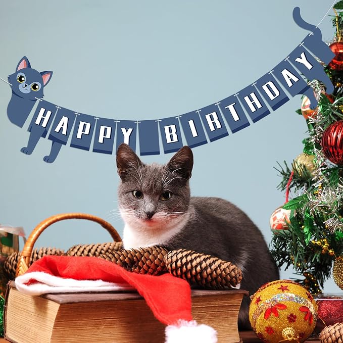Cat Happy Birthday Banner Blue Cat Banner Bunting Flag Garland Birthday Party - Image 3