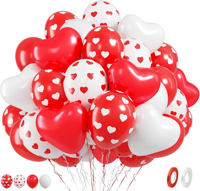 FunHot Valentines Balloons, 12 Inch White Heart Printed Latex Balloons by FunHot