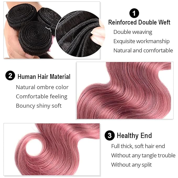 Ombre Bundles Human Hair 1Bpink Body Wave Bundle Brazilian Virgin Remy Hair 3 Bundles 26 28 30 Inch Double Weft 2 Tone Black and Pink Body Wave Bundle Hair Weave 300g