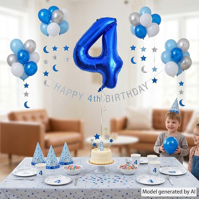 Navy Blue Number 4 Balloon 40 Inch, Shiny Metallic Numeral Party Supplies | - Image 7