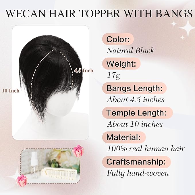 Hair Toppers for Women Real Human Hair 3D Bangs Clip 100% Human Toppers for Women 10 Inch Clip in Bangs Hairpieces(Natural Black)