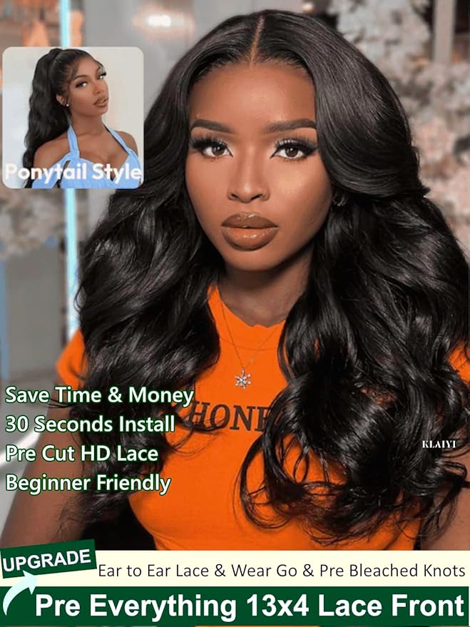 KLAIYI Wear And Go Glueless Wig Bye Bye Knots 13x4Precut Lace Front Wigs Human Hair Loose Body Wave Wig Pre Bleached Pre Everything Pre Plucked with Baby Hair 3S Ready to Wear Beginner Friendly 22Inch