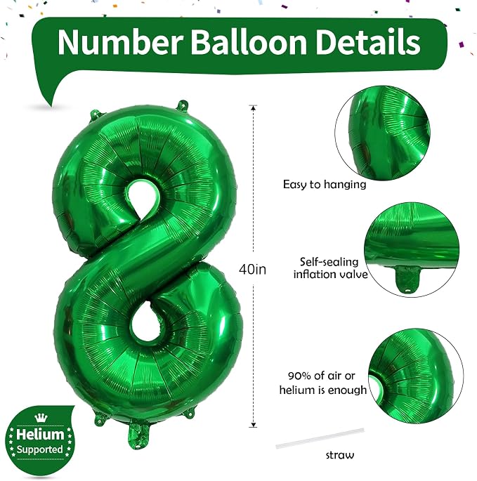 40 Inch Emerald Green Number 8 Balloons, Large Foil 8th Birthday Balloon - Image 2