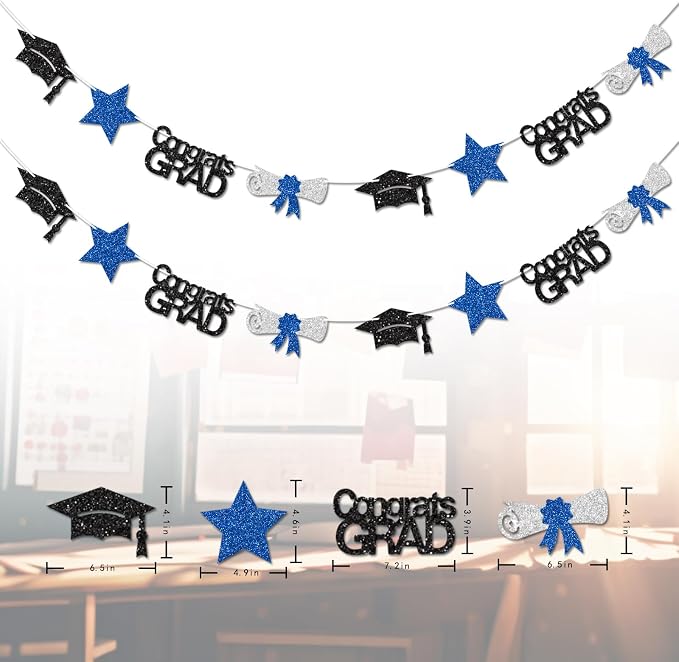 Blue Congrats Grad Banner Graduation Decorations Class of 2026 Glitter Star - Image 3