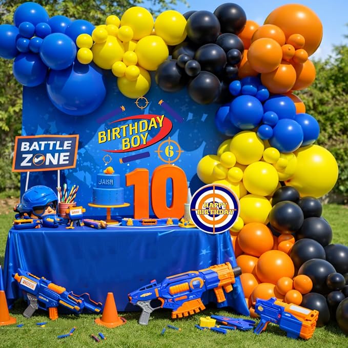Blue Orange Yellow Balloon Arch Garland Kit Boys Ready Aim Shoot Dart Gun by Beaumode