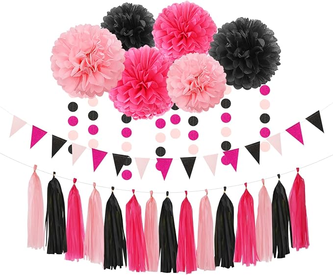 Hot-Pink Black Party-Decorations Paper Flower Streamers by OURUOLA
