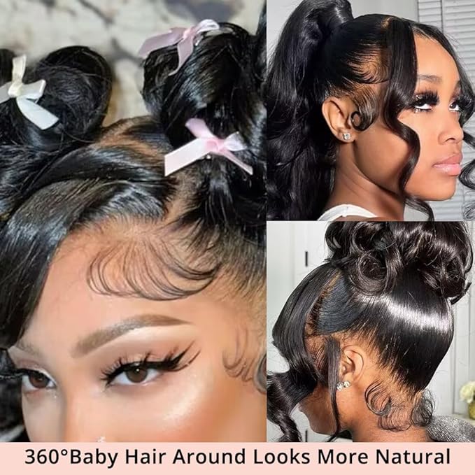 360 Lace Front Wigs Human Hair Body Wave 200% Density Upgraded Hidden Straps 360 HD Full Lace Wigs Human Hair With Drawstring Pre Plucked With Baby Hair for Women Natural Black 32 Inch