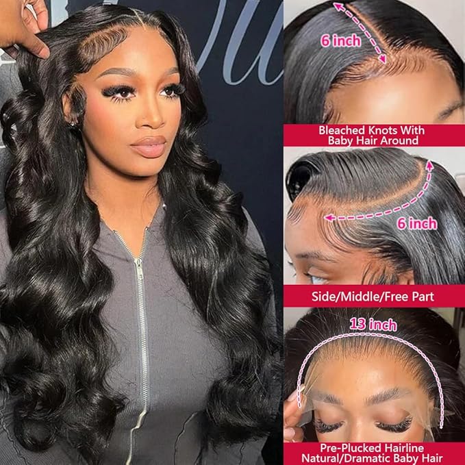 VIPbeauty 13x6 Body Wave Lace Front Wigs Human Hair Pre Plucked Bleached Knots with Baby Hair 180 Density Glueless Wigs for Women HD Transparent Full Lace Frontal Wigs with Natural Hairline 20 Inch