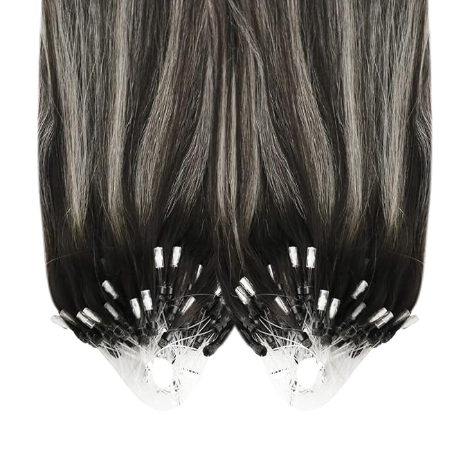 YoungSee Micro Bead Hair Extensions Real Human Hair Ombre Micro Loop Hair Extensions Human Hair Black Ombre Silver with Black Balayage Beaded Hair Extension 20In Cold Fusion Hair Natural 50g 50s