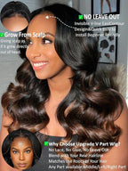 KLAIYI Ombre Brown V Part Body Wave Human Hair Upgrade U Part Wig with Dark Roots Glueless Chestnut Brown Clip in Half Wig No Glue No Leave Out Beginner Wigs for Women Ready To Wear and Go 150% 26Inch