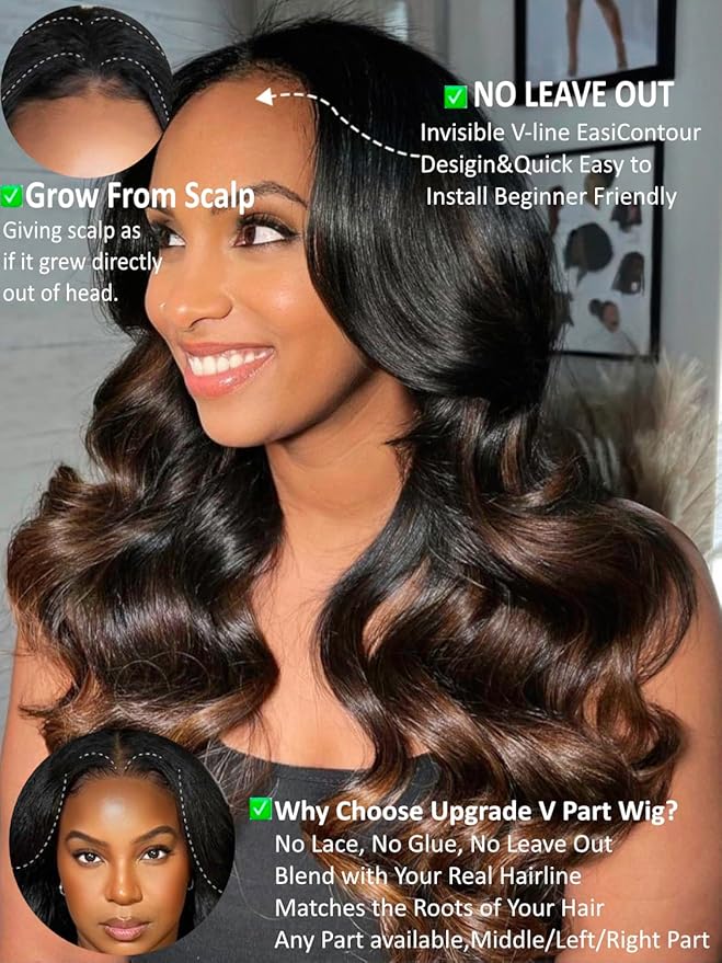 KLAIYI Ombre Brown V Part Wig Body Wave Human Hair Upgrade U Part Wig with Dark Roots Glueless Chestnut Brown Clip in Half Wig No Glue No Leave Out Beginner Wigs for Women Wear and Go Wig 150% 24Inch