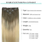 DOORES Human Hair Extensions Clip in, Ombre Ash Brown to Platinum Blonde 120g 7pcs 22 Inch, Clip in Hair Extensions Straight Natural Wedt