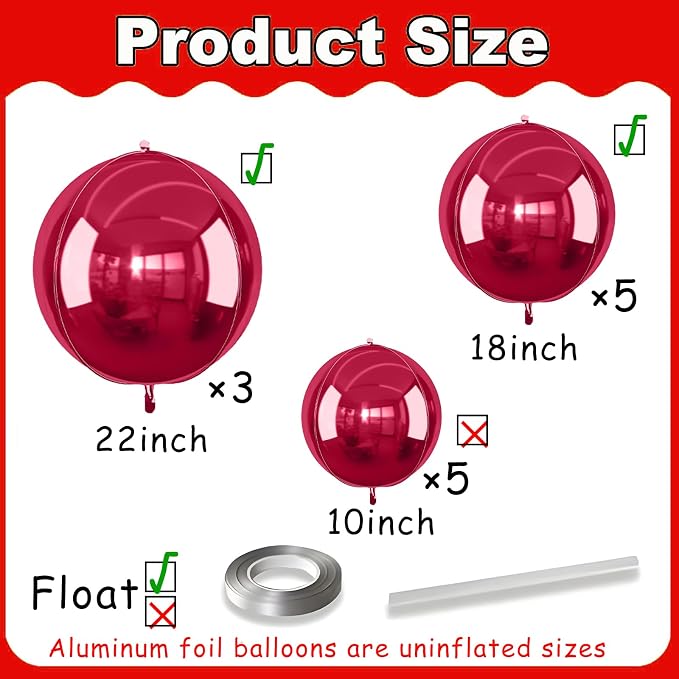 13pcs Burgundy 4D Balloons 22" 18" 10" 4D Maroon Ball Balloon Red Metallic Foil - Image 2