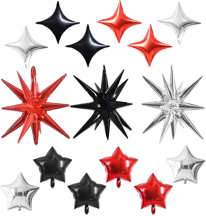 TONIFUL 22Inch 15Pcs Black Red Silver Explosion Star Mylar Balloons and 10Inch by TONIFUL