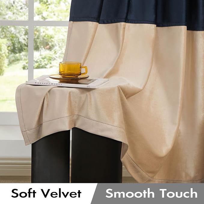 Navy Beige Velvet Blackout Curtains Luxury Decor 63 inches, Color Block | - Image 3