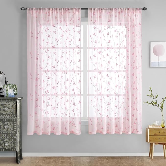 HOMEIDEAS Pink Sheer Curtains 2 Panels, Embroidered Vine Leaf, W52 x L63 | Faux by HOMEIDEAS
