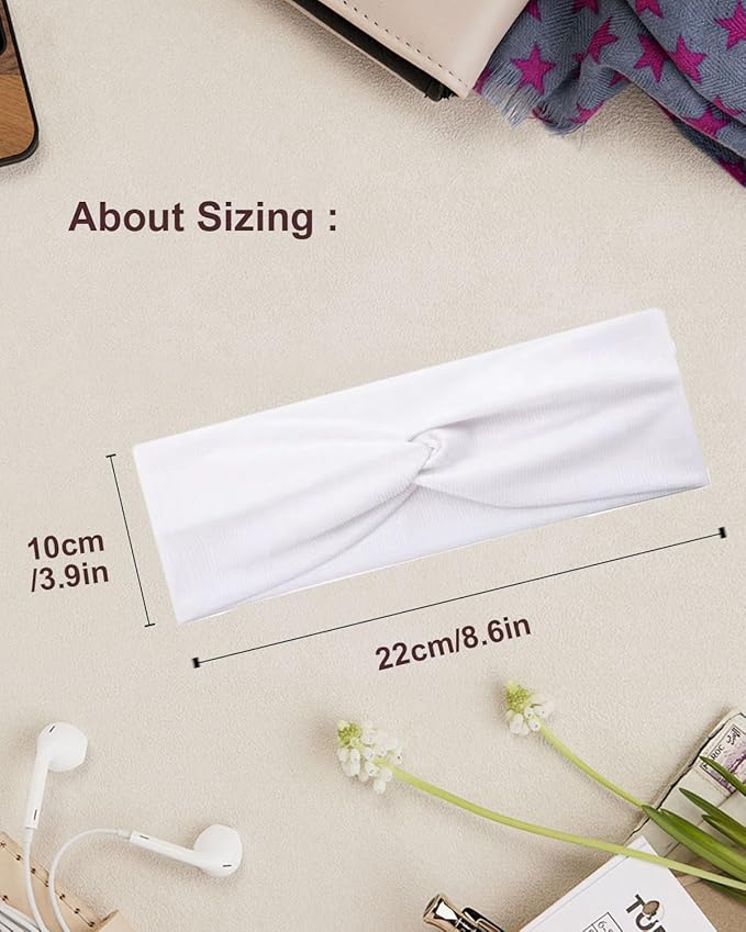 10 Pcs Wide Absorbent Sport Headbands for Women, Non-slip, Stretchy, Soft Cotton Twist Knotted Hair Bands for Daily Workout Yoga Running Sports, BC