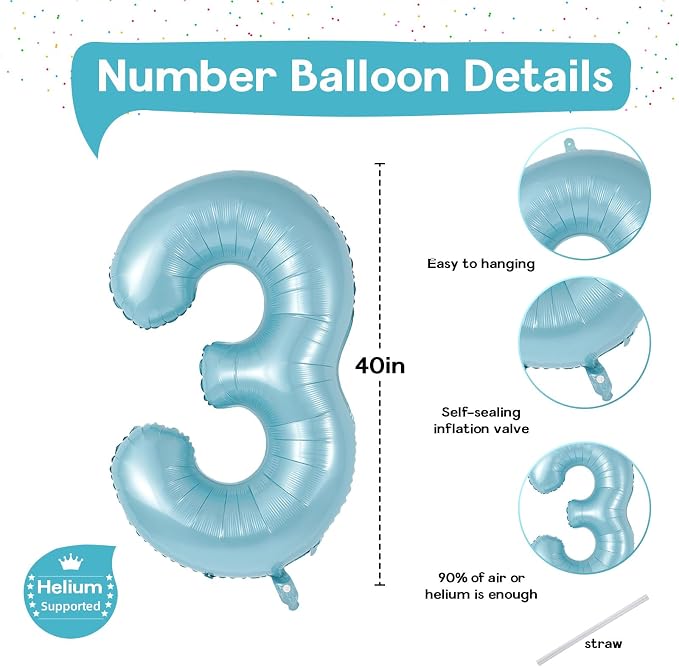 3rd Birthday Number Balloons for Kids, 40 Inch Foil Number 3 Balloons, Pastel - Image 2