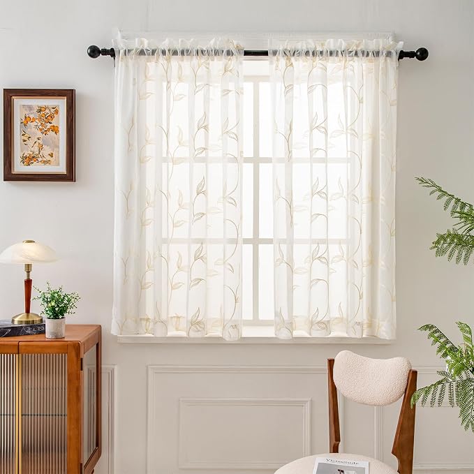 Sheer Curtains Boho Leaf Floral Embroidered Cream Beige 54Wx54L | Light by VISIONTEX