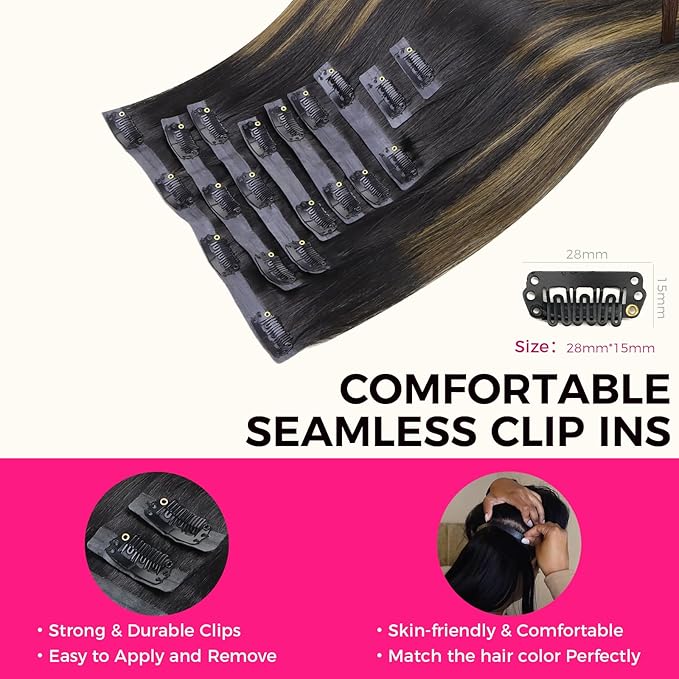 Lashey Seamless Clip in Hair Extensions Human Hair 130g 9pcs Straight Natural Black Mixed Chestnut Brown 16 Inch Hair Extensions with PU Soft Invisi Edge for Women