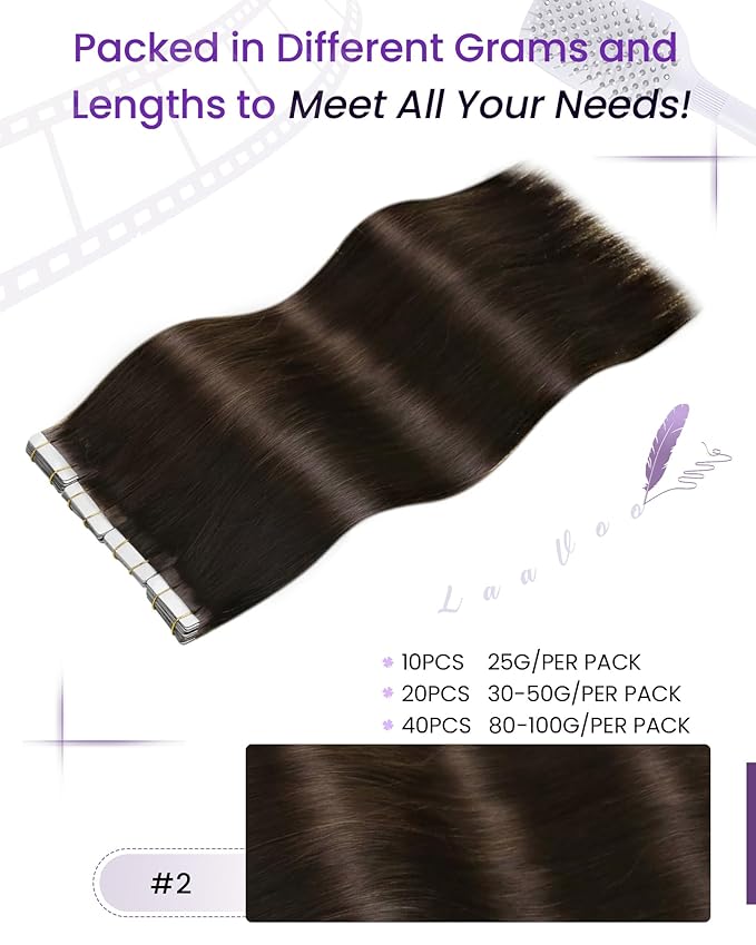 LaaVoo Tape in Hair Extensions Human Hair Brown Tape in Extensions Darkest Brown Tape ins Human Hair Extensions Double Wefts 18 Inch 20pcs 50g