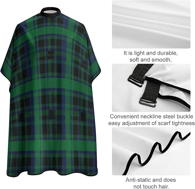 Full Coverage Professional Salon Cutting Barber Hairdressing Cape, Dyeing Salon Apron Green Scottish Tartan Plaid Check Hair Cutting Cloak for Hair Cutting Styling