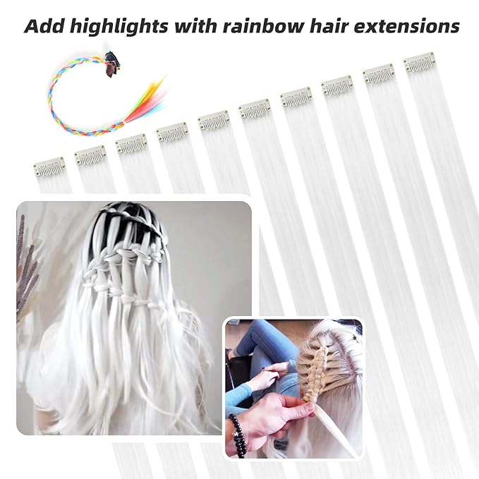 White Hair Extensions Clip in, 22 Inch 10 Pcs Long Straight Colored, for Kids Girls Women Highlights Party, Synthetic
