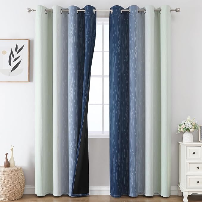 Estelar Textiler Navy Blue and Sage Green Ombre Blackout Curtains 90 Inches - Image 2