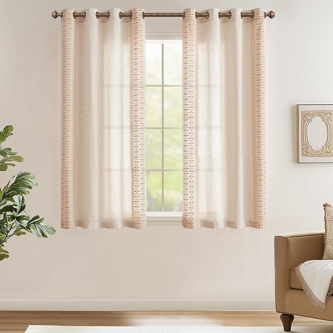 jinchan Boho Curtains Embroidered Linen Blend Window Curtains - Image 2