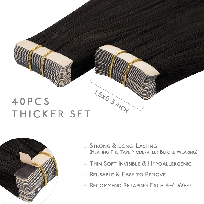 WENNALIFE Tape in Hair Extensions, 40pcs 100g 16 Inch Dark Brown Human Hair, Straight Invisible Reusable Real Extensions