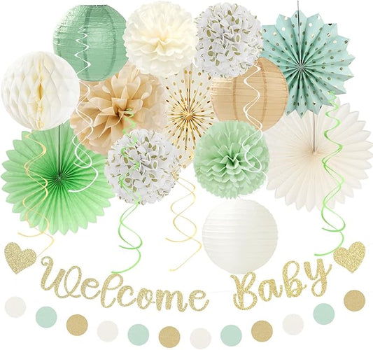 Sage-Green Champagne-Beige Baby Shower Party-Decorations by Huglony